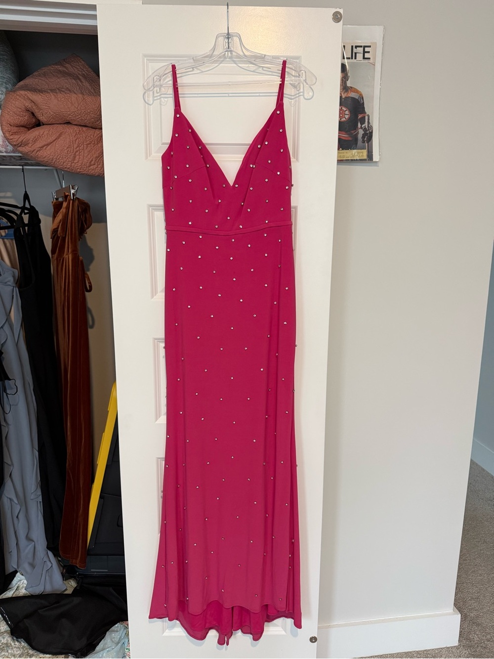 Mac Duggal Fuchsia Spaghetti Strap Gown with Crystal Rhinestone Embellishments